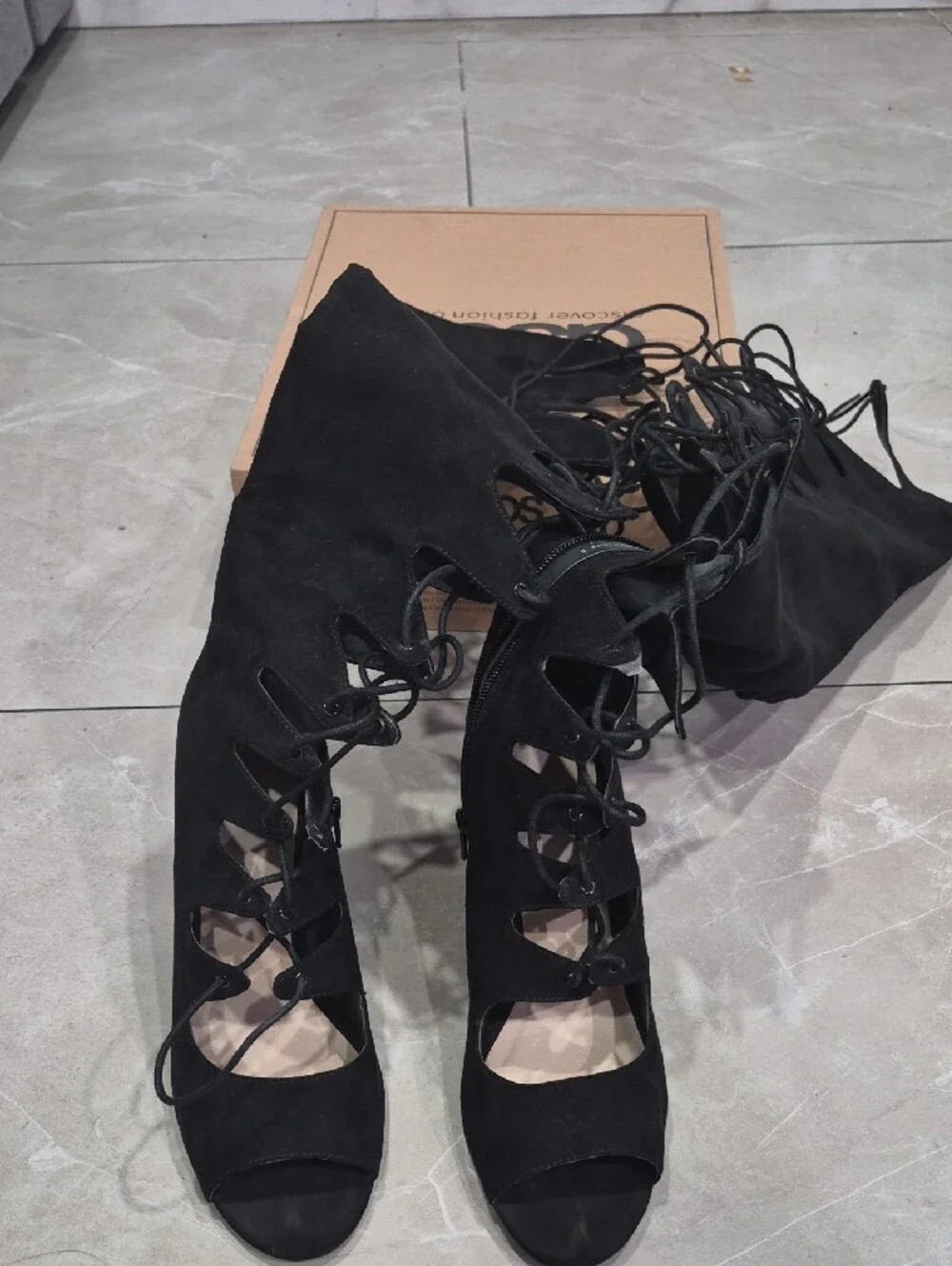 ASOS Black Lace-Up Over-the-Knee Peep-Toe Block Heel Boots